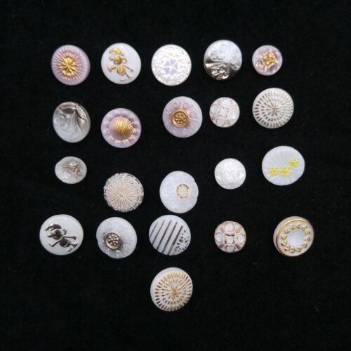 Mixed Lot of 21 Vintage Glass Buttons - White & Purple Small Round Textured