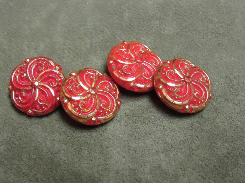 Circa 1940's Signed Le Chic Deep Red Colored Glass Button Lot of 4 gold highlite