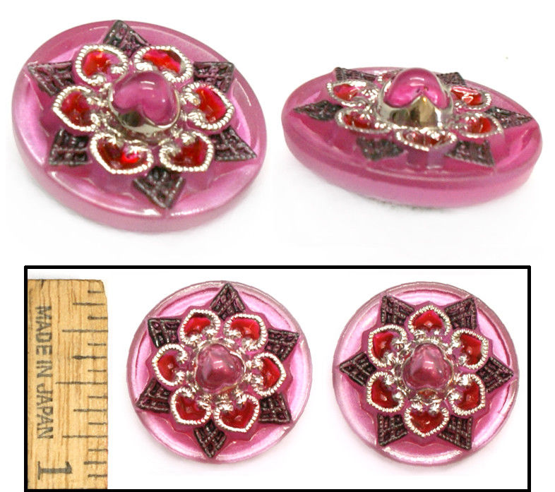 22mm Vintage Czech Green 3D JEWEL Purple PINK Silver STAR Flower Glass Buttons 2