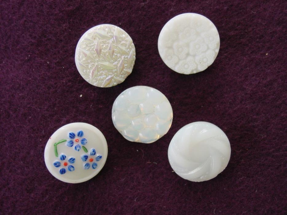 Vintage Glass Button Lot - 5 White 5/8 Inch, Mixed Lot