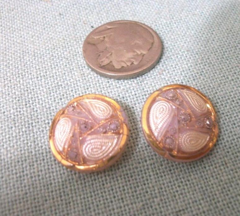 2 UNUSUAL PINK  MOON GLOW BUTTONS WITH GOLD AND WHITE DECOR