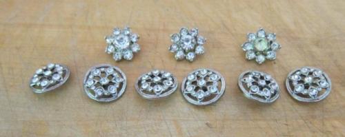 Lot of 9 Matching Vintage Clear Rhinestone Silver Metal Buttons Shank 3/4