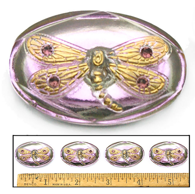 32mm Vintage Czech Glass Lt Purple AB DRAGONFLY w/4 Rhinestones OVAL Buttons 4p