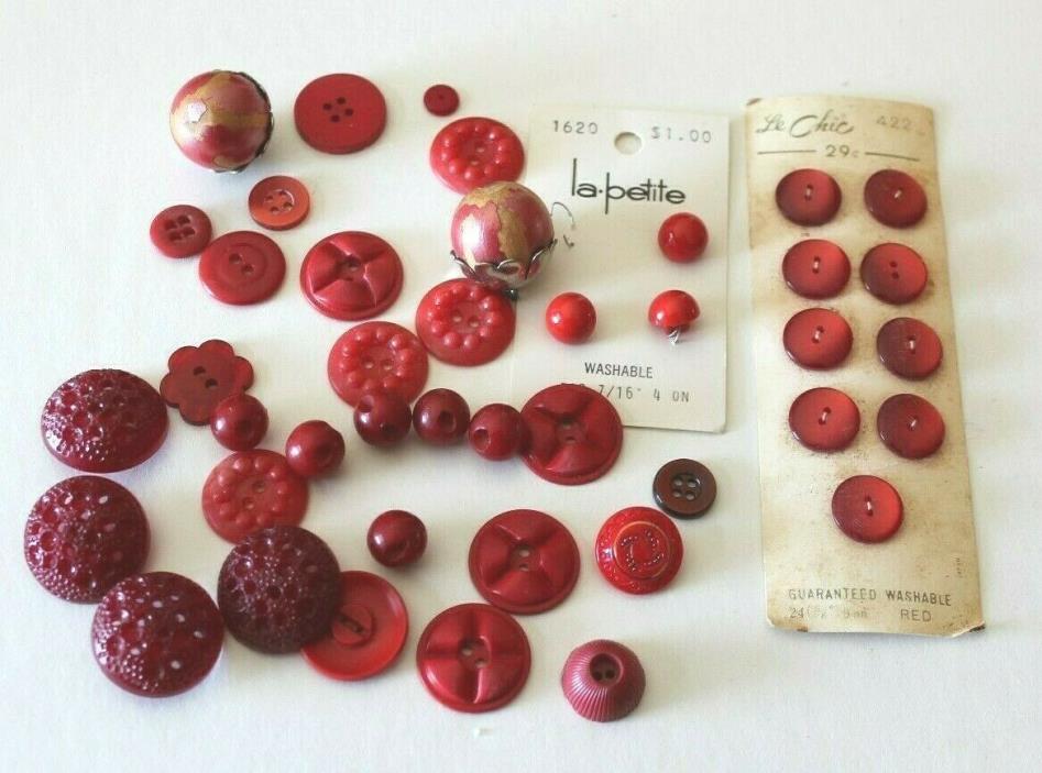 Lot Vintage Red Glass, Plastic & Wood Buttons