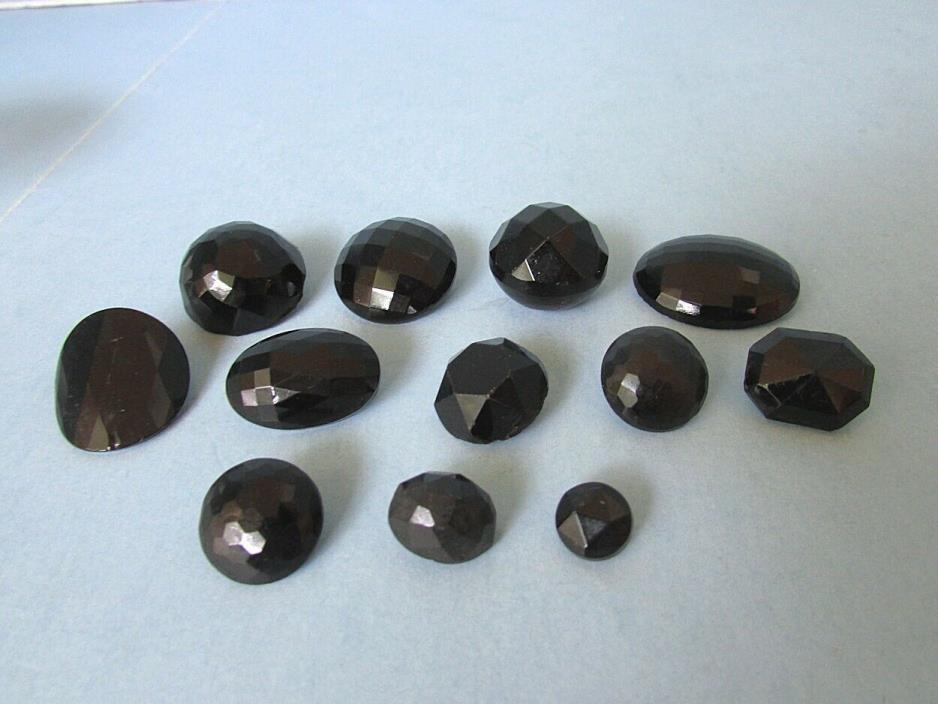 12 Molded Faceted Black Glass BUTTON Vintage Victorian