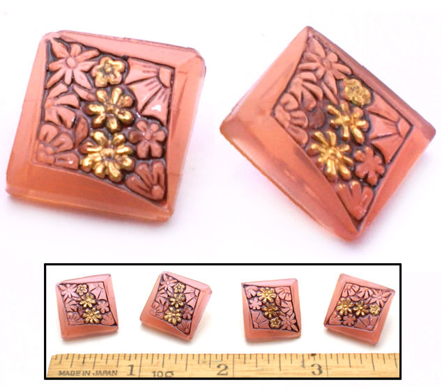 18mm Vintage Czech PINK OPAL SQUARE Cranberry Gold Daisy Flower Glass Buttons 4p