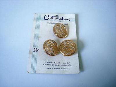 3 Vtg. Clear Glass Buttons With Gold Luster Western Germany 7/8 In. Costumakers
