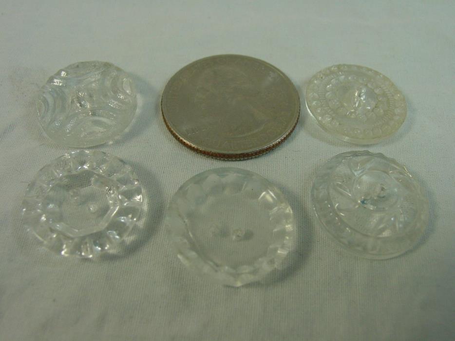 Vintage Glass Buttons: Lot of 5 Clear Glass 5/8 Inch Buttons