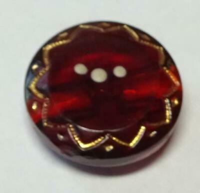 Vintage red glass button with gold and white accents