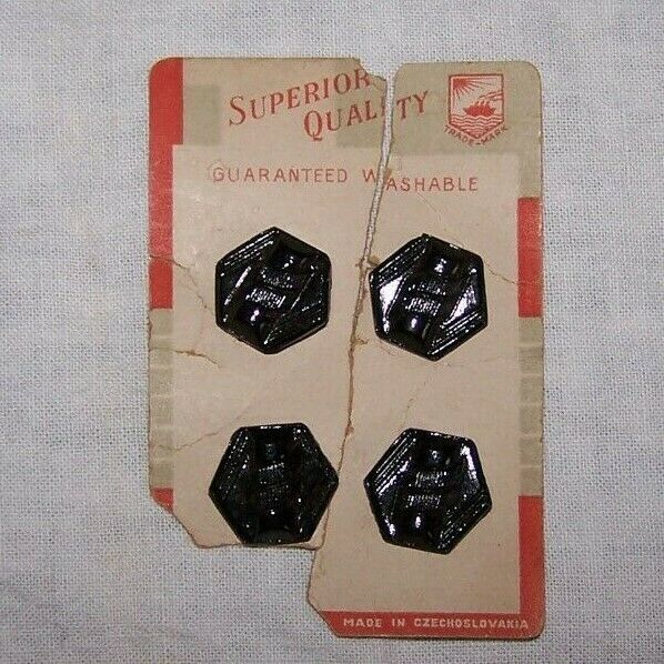 4-VINTAGE CZECHOSLOVAKIA BLACK MOLDED GLASS BUTTONS-CLOTHING-SEW-ART-CRAFT