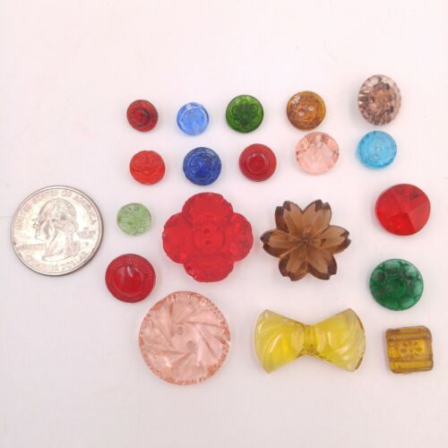 Mixed Lot of 19 Vintage Glass Buttons - Red Flower Bow Faceted Blue Pink