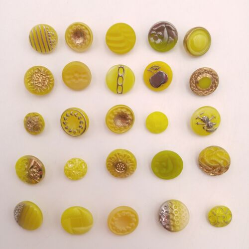 Mixed Lot of 25 Vintage Glass Buttons - Yellow Round Textured