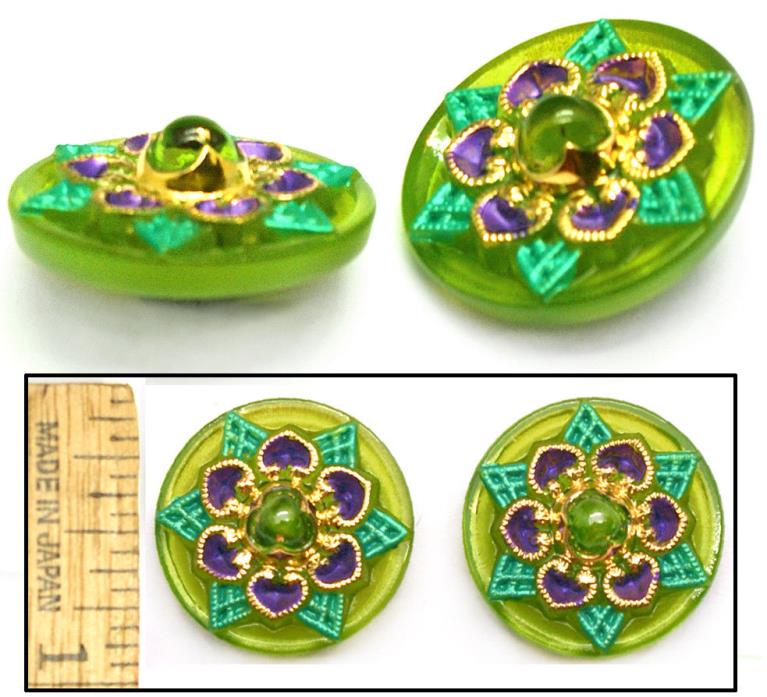 22mm Vintage Czech Green 3D JEWEL Turquoise Purple STAR Flower Glass Buttons 2p
