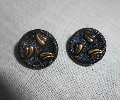 #32 Collectable Vintage 2 Small Black & Gold Leaf Pattern Glass Buttons 5/8