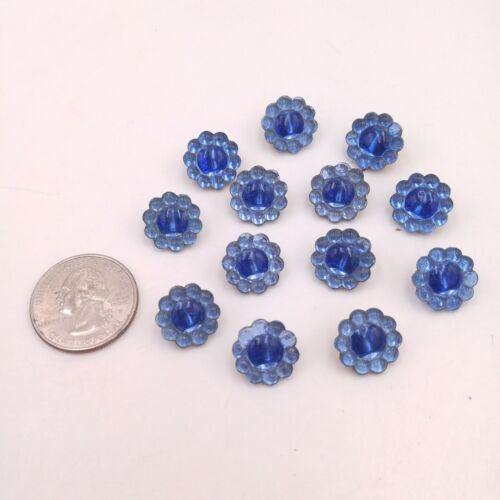 Lot of 13 Vintage Glass Buttons - Blue Flowers w/ Gold Back