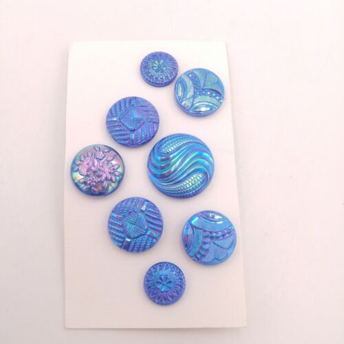 Lot of 8 Glass Iridescent Blue Buttons - Round Textured Pattern