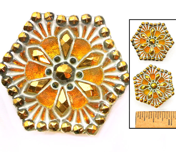 RADIANT 27mm Vintage Czech Glass GOLD Fire AB Lacy HEXAGON Nailhead Buttons 2p