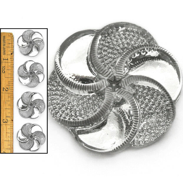 22mm Vintage Czech Glass SILVER Mirror Back Dot Flower 3-D Pinwheel Buttons 4pc