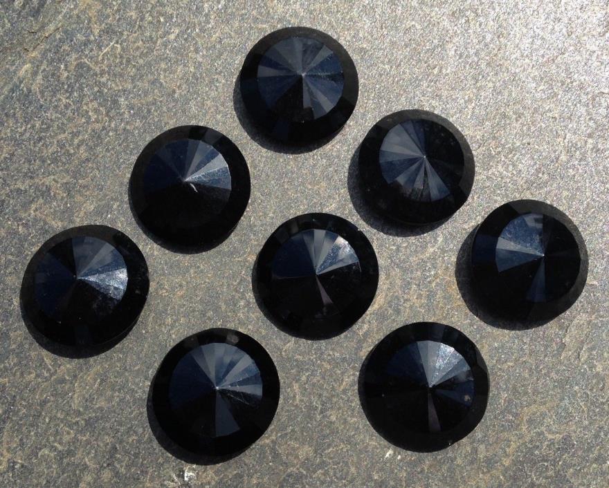 Set of 8 Victorian Faceted Black Glass Jet Buttons w/Brass Birdcage Shank Signed