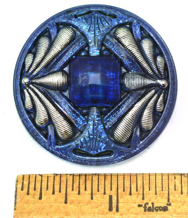 XL 42mm Vintage Czech Glass Nouveau Double Dragonfly BLUE JEWEL Glitter Button