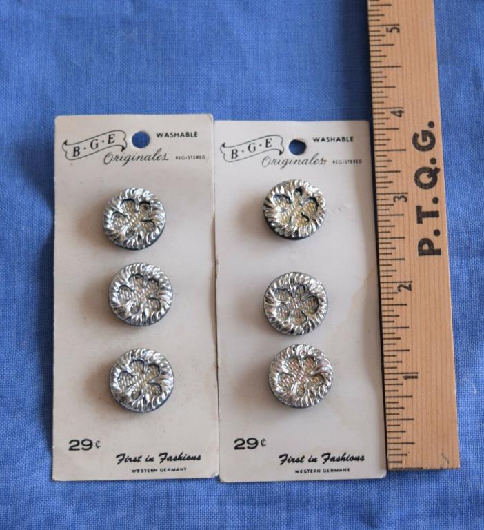Vintage molded glass buttons on orig card, 6 silver luster floral, W. Germany