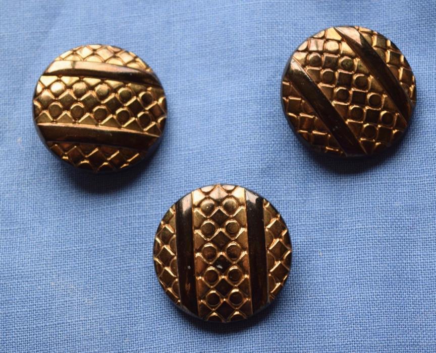 3 Vintage black glass with Gold luster buttons, pattern of gold scales