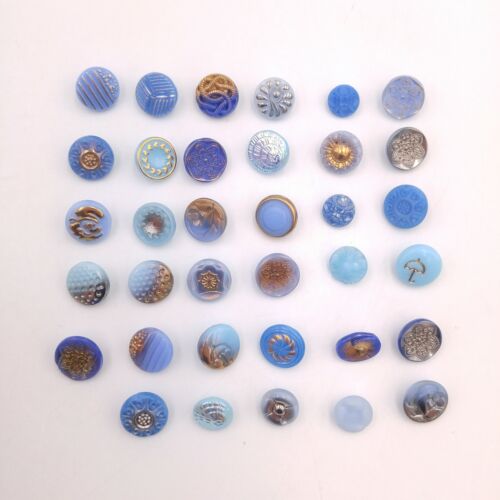 Mixed Lot of 35 Vintage Glass Buttons - Blue Round Textured