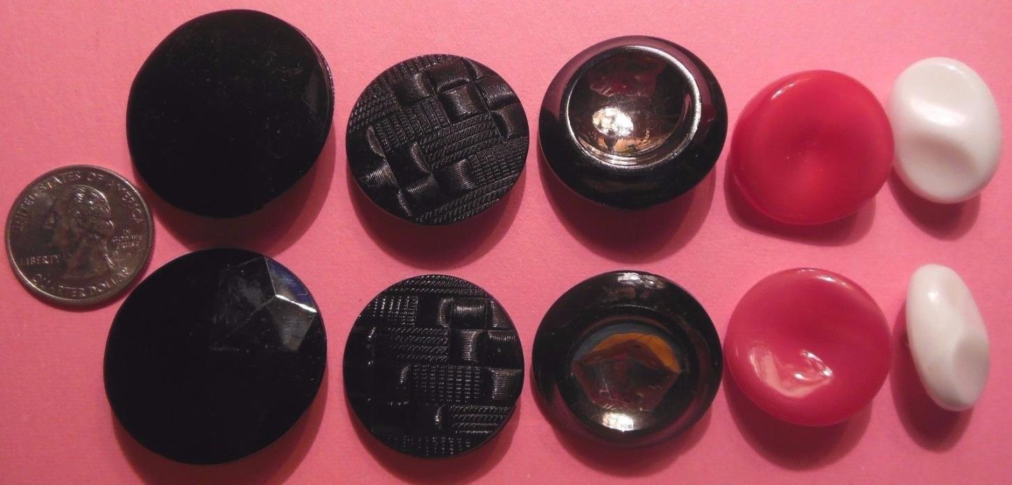 10 Antique Vintage Large Glass Buttons Black Victorian 1890's-1950's Modern
