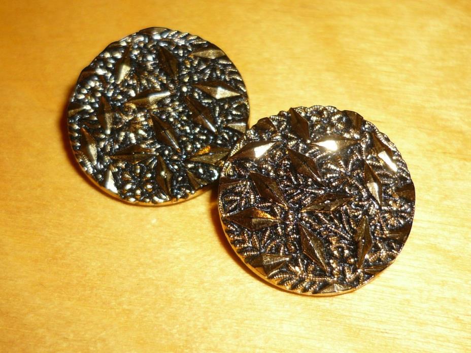 SET 2 VGTE GLASS BLACK BUTTONS- WITH FLOWERS AND FOLIAGES 7/8