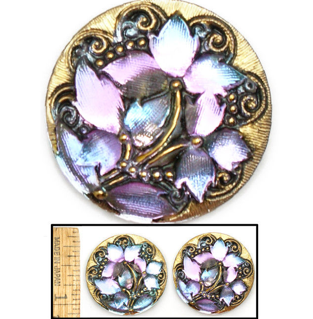 GLOWING 27mm Vintage Czech Glass LILAC BLUE AB Lace IVY Leaf Flower Buttons 2pc