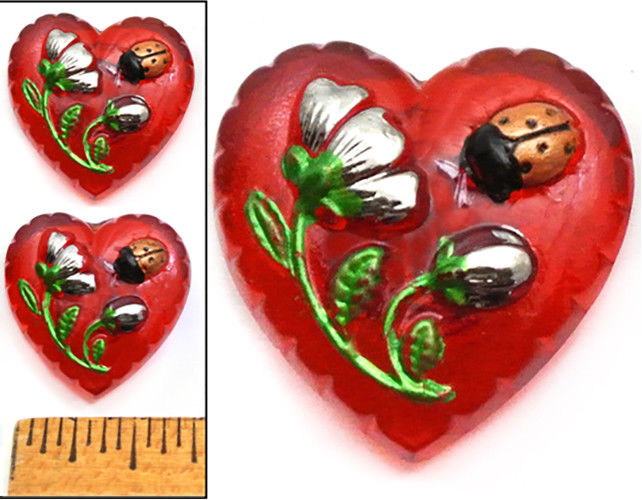 SWEET SHAPE 22mm Vintage Czech Glass RED HEART w/Flower + Ladybug Buttons 2pc