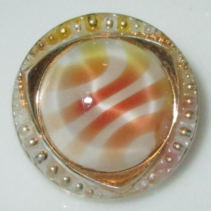 VINTAGE 1950's GERMANY YELLOW ORANGE STRIPE MOONGLOW GLASS BUTTON w GOLD TRIM