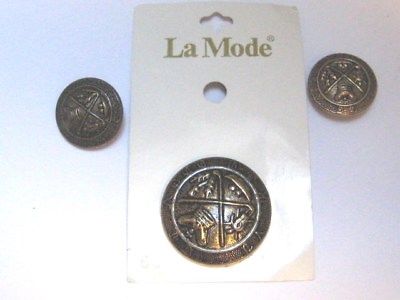 Vintage Set 3 Buttons 1 Large 2 Smaller Antiqued Gold Metal Shield Type La Mode