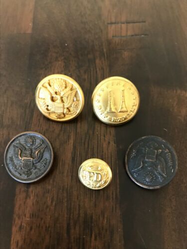 5 Vintage Waterbury Button Co.  Fire Department and WWI Military Uniform Buttons