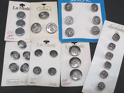 Vtg Silver Metal Buttons Anchor,Rope,Emblem,Crest NEW on Cards Mixed Lot,La Mode