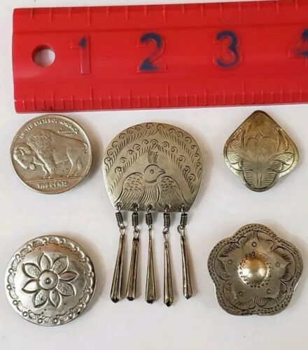 5 Vintage Southwestern Style Silver Button Covers Engraved Flower Dangle Bird