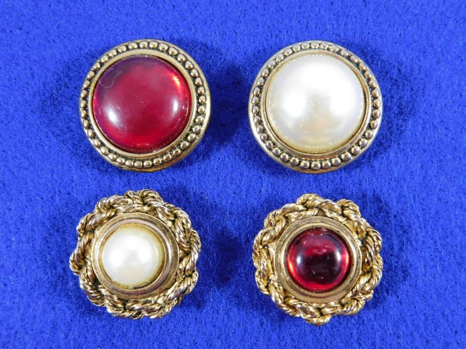 Vintage Button Covers Faux Pearl Red Cabochons Gold Tone Set of 4