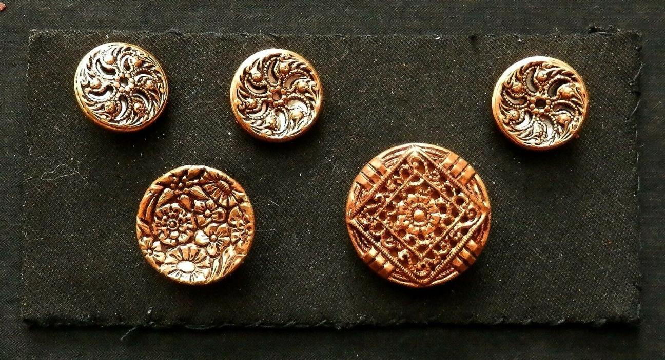 5 Intricate French Buttons  Metal and  Metal over Mother of Pearl