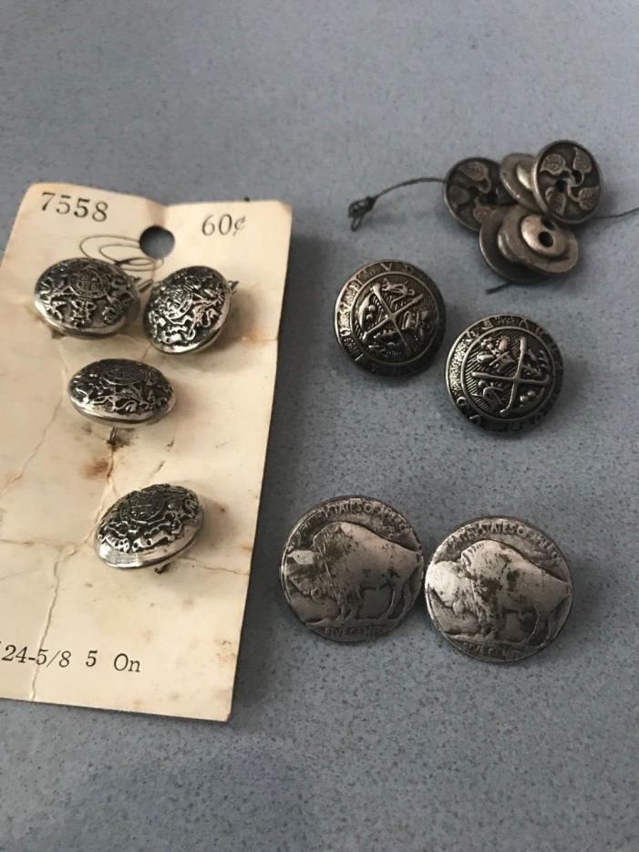 Lot of 13 Vintage Metal Buttons including 2 Faux Buffalo Nickel Sewing