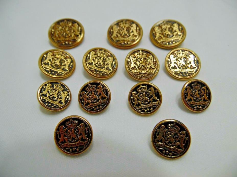 Vintage Old Stock Metal Buttons Lot of 13 Lion & Shield Antiqued Gold Tone