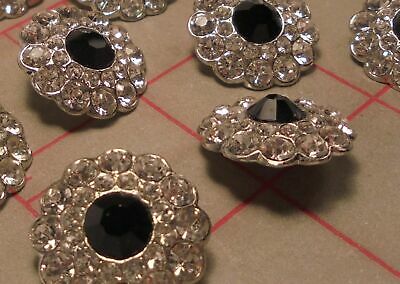 2 Czech Rhinestone Shank Buttons Silver With Jet Black Faceted Glass Center 3/4