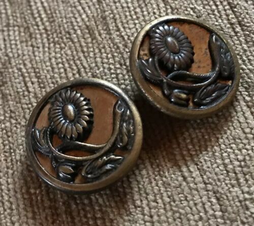 Antique Victorian Flower Metal Picture Buttons~Lot Of 2