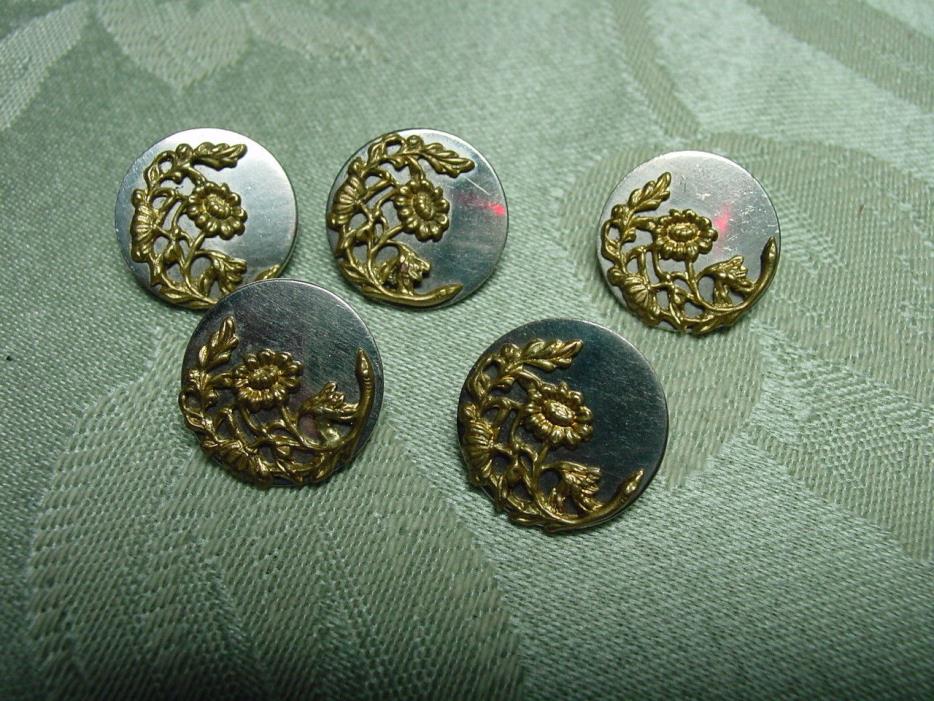 Vintage Metal Button Lot - 5 Mirror Metal with Brass Overlay 5/8 Inch