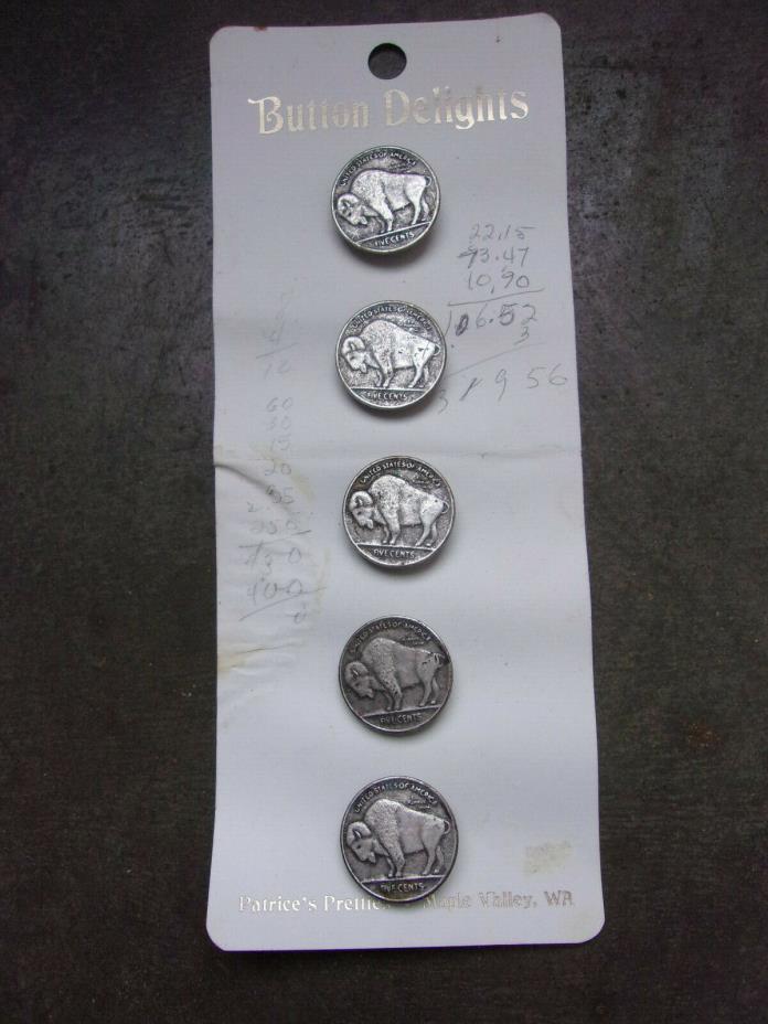 Vintage Fake Buffalo Nickel Button Covers On card *Lot of 5* Button Delights