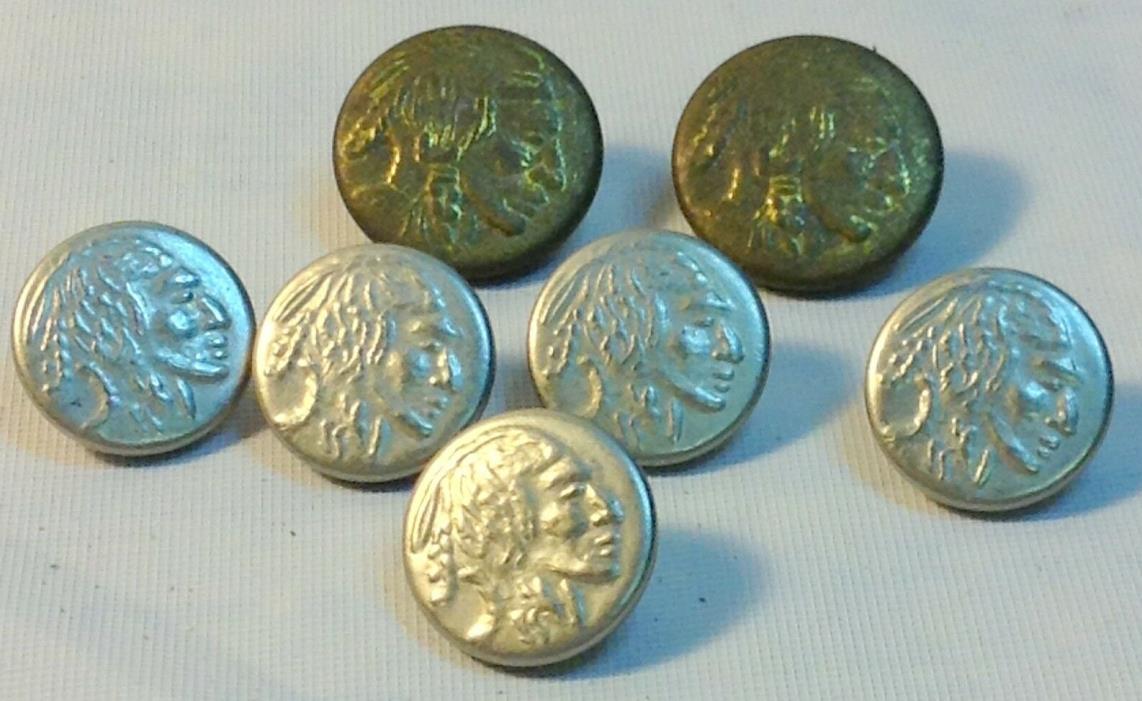 Lot of 7 Small Antique Indian Head Buttons Shank Style Silver & Brass
