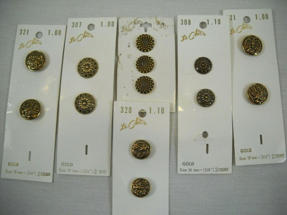 Lot Of 14 Assorted Carded Vintage Le Chic Gold Buttons Eagle Family Crest Flower