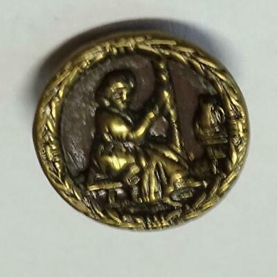 Small vintage metal picture button woman weaving or spinning