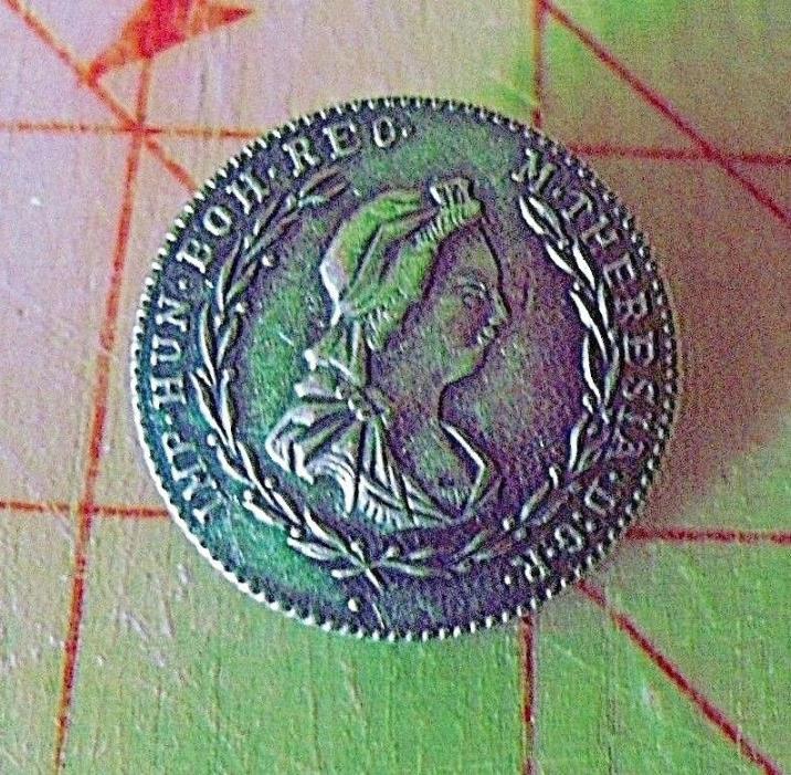 Antique Victorian picture button IMP HUN BOH REG M THERESIA D G R lady coin A180