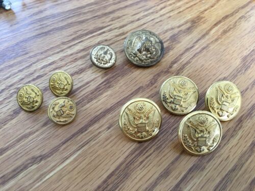 Nine Vintage Metal Military Eagle Buttons Scovill Waterbury
