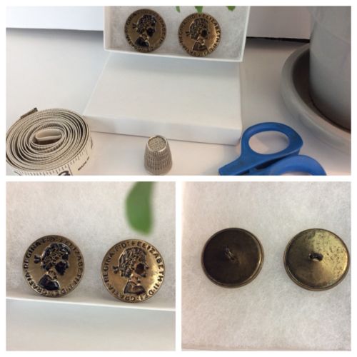 Lot 2 VTG Brass-tone metal Button Elizabeth II DEI Gratia Regina relief buttn #c